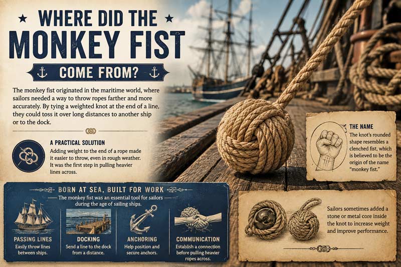 Vintage-style infographic showing the maritime origins of the monkey fist knot with sailing ships, dockside rope throwing, and a large monkey fist knot on a wooden dock