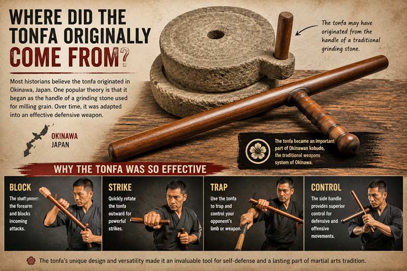 History of the tonfa weapon showing Okinawan origins, grinding stone theory, and traditional wooden tonfa training