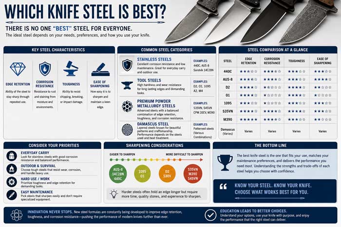Infographic comparing popular knife steels with charts showing edge retention, corrosion resistance, toughness, and sharpening difficulty across different steel types