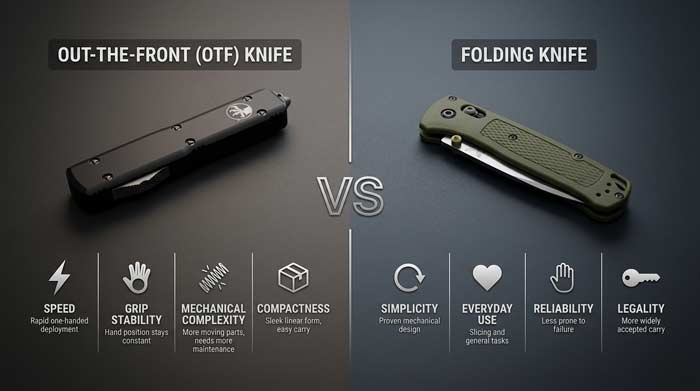 Infographic comparing a closed OTF knife and a folding knife with icons highlighting speed, simplicity, and everyday use