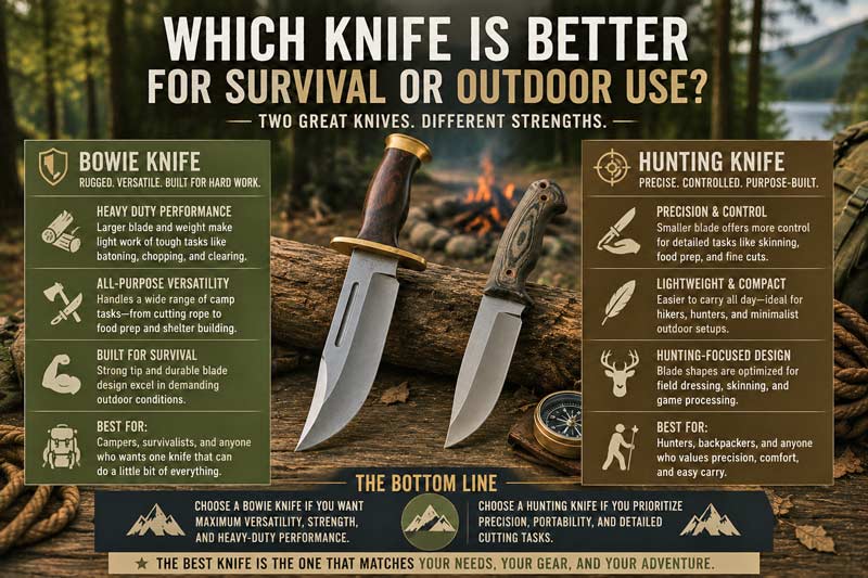 Infographic comparing Bowie and hunting knives for survival and outdoor use, highlighting strength, precision, portability, and best use cases side by side