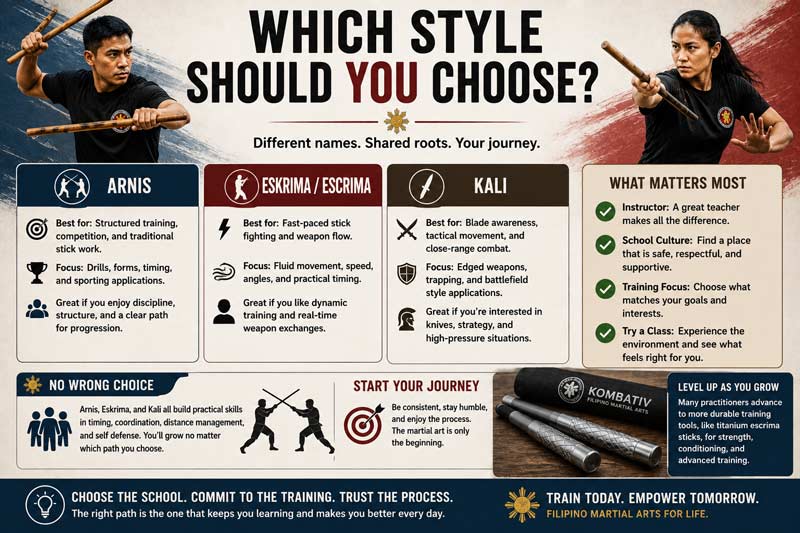 Choosing between Arnis, Eskrima, and Kali martial arts with training styles and Filipino stick fighting comparison