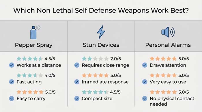 Infographic comparing pepper spray stun devices and personal alarms for personal safety effectiveness