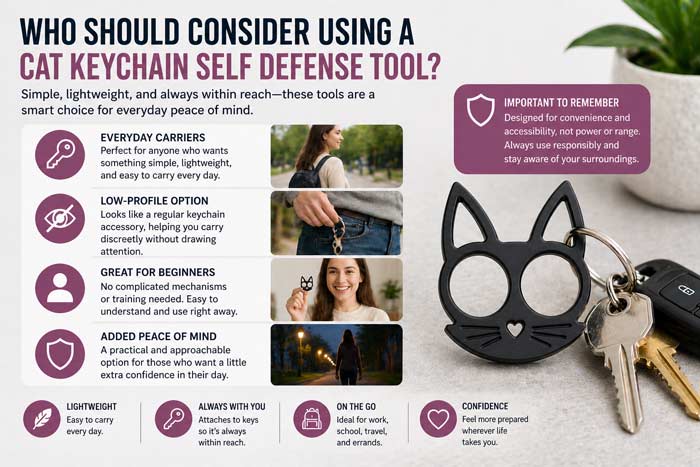 infographic showing who should use cat keychain self defense tool with lifestyle examples and key benefits