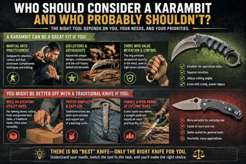 Karambit knife versus traditional pocket knife infographic for different users and needs.