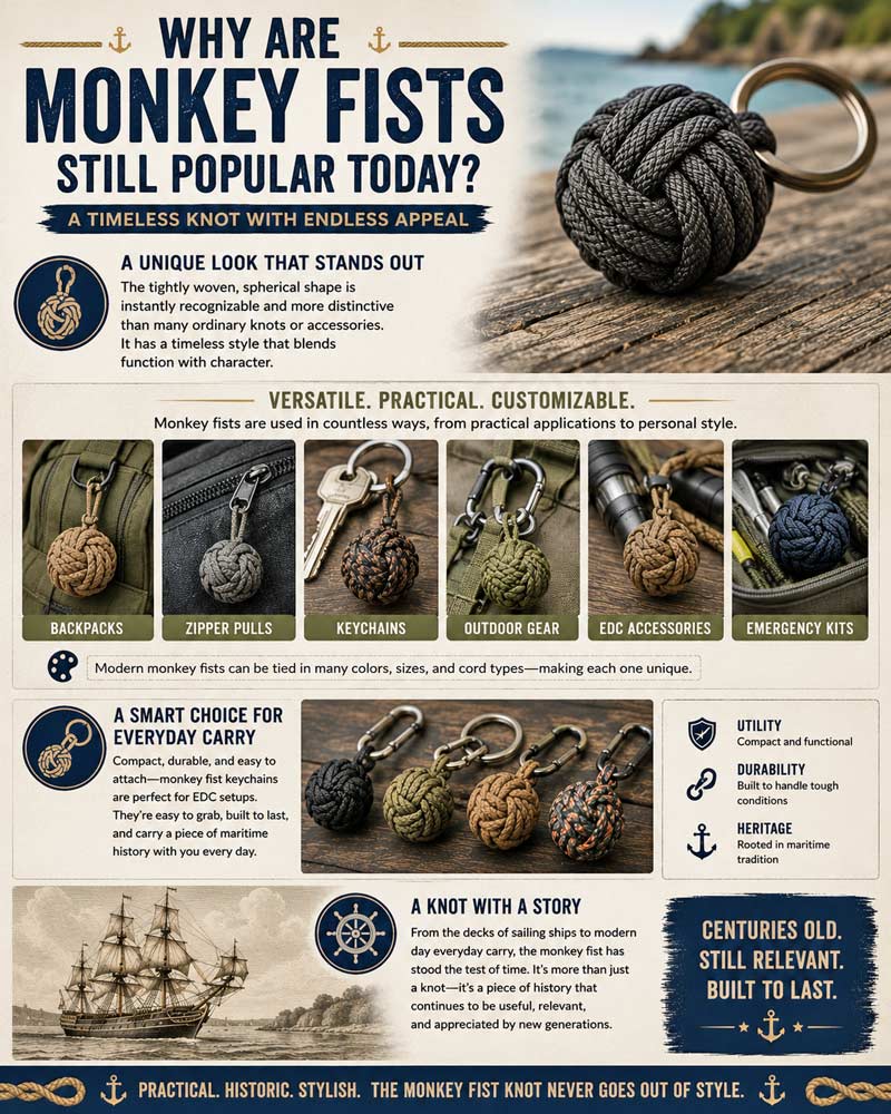 Infographic explaining why monkey fist knots remain popular today, featuring paracord monkey fist keychains, outdoor gear, backpacks, zipper pulls, and maritime-inspired everyday carry accessories