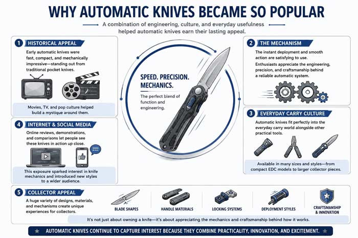 Infographic explaining why automatic knives became popular, including mechanics, everyday carry culture, and collector appeal