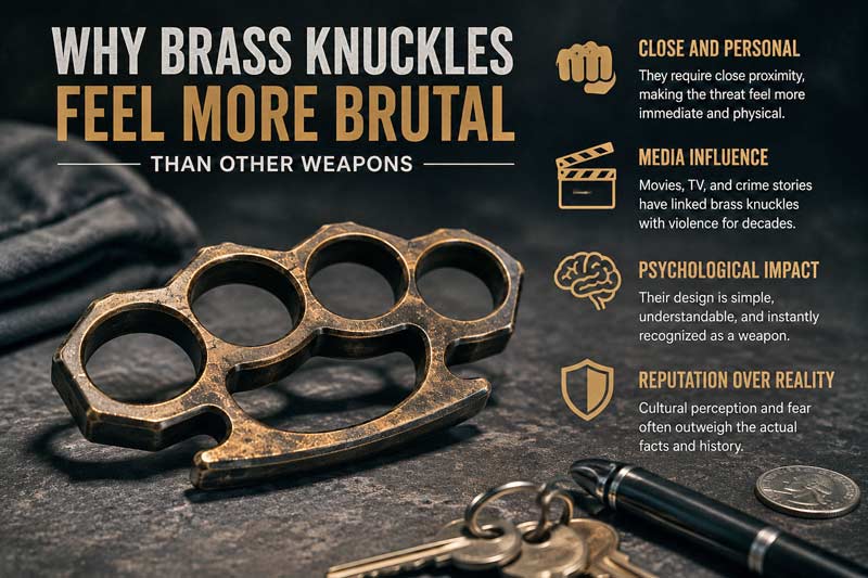 Editorial-style image of brass knuckles with dramatic lighting and psychological themes explaining why they feel more intimidating than other weapons.