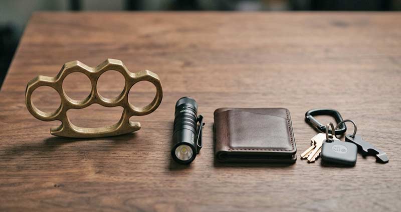 Metal knuckle duster displayed with everyday carry accessories on a dark surface in a clean educational setup with professional lighting