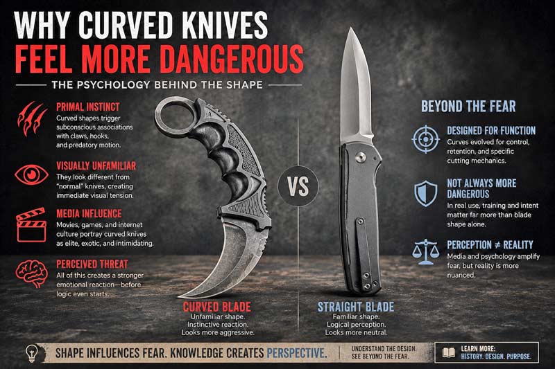 Editorial-style comparison of a curved karambit and straight pocket knife explaining why curved blades feel more intimidating through psychology and visual perception.