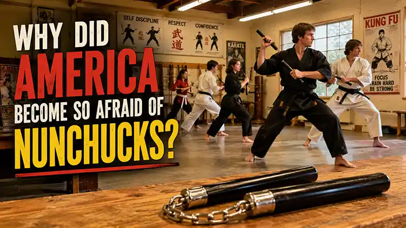 Vintage dojo nunchaku training during the American martial arts boom