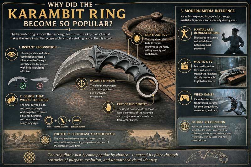 Infographic explaining why the karambit ring became popular, featuring a traditional karambit knife, Southeast Asian heritage, martial arts influence, gaming references, and educational callouts about grip, recognition, and design evolution