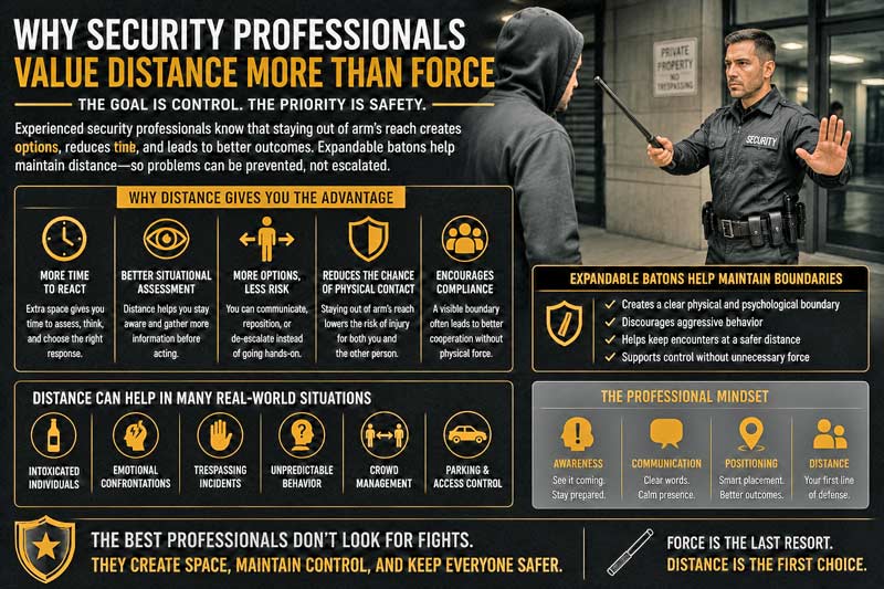 Security professional using distance and expandable baton infographic