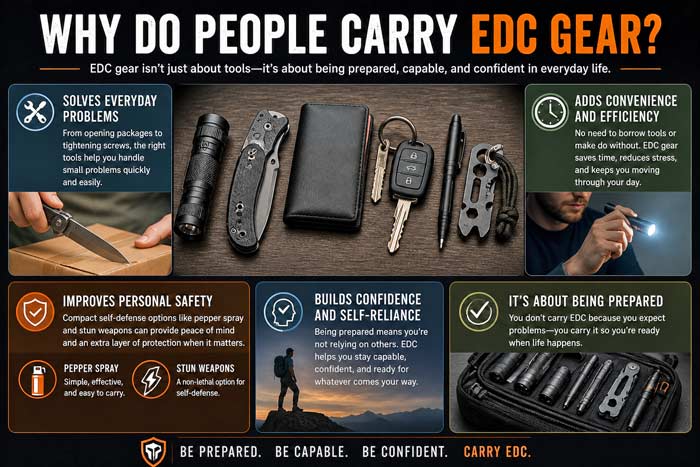 Infographic showing everyday carry benefits with items like knife, flashlight, wallet, keys, and self defense tools