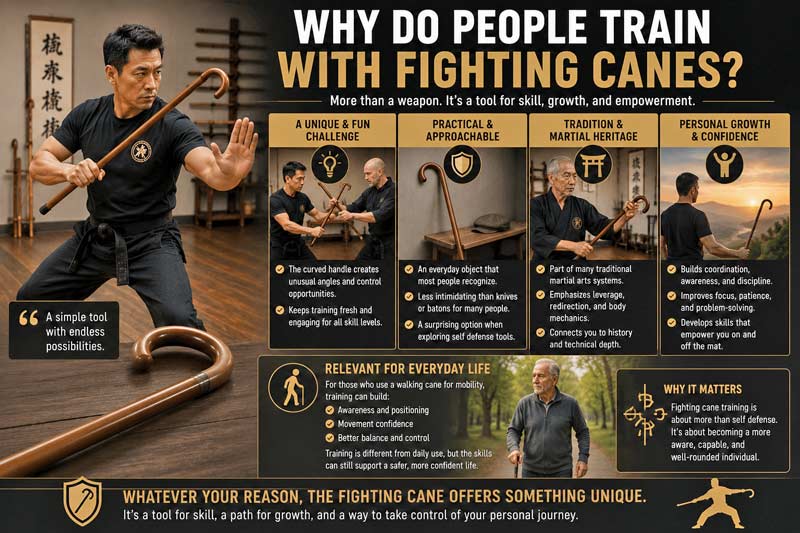 Martial artist training with a fighting cane in a dojo alongside infographic panels explaining cane training benefits and techniques