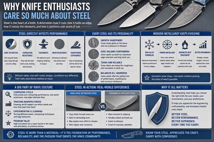 Infographic explaining why knife enthusiasts care about blade steel, featuring charts on edge retention, toughness, corrosion resistance, and modern metallurgy advancements
