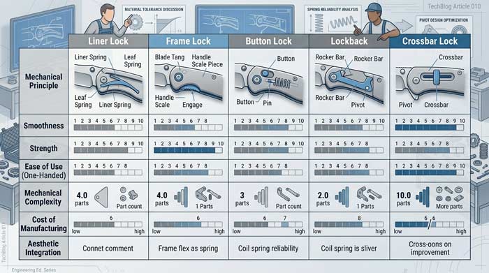 Infographic showing knife enthusiasts comparing different locking mechanisms and mechanical pocket knife designs