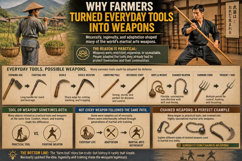 Why farmers turned everyday tools into weapons showing farming tools, martial arts adaptations, chained weapons, and the evolution from practical objects to self defense tools