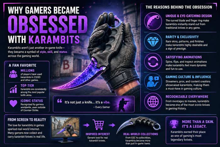 Infographic explaining why gamers became obsessed with karambit knives, including rarity, animations, and gaming culture influence