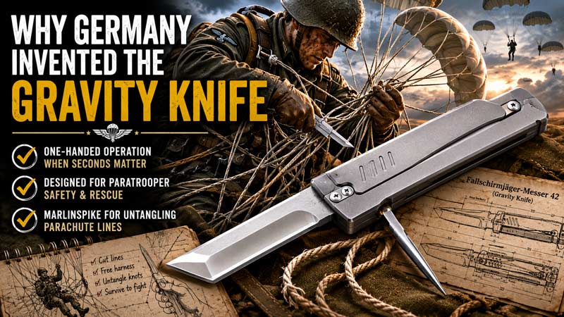 WWII gravity knife infographic showing its origins as a German paratrooper rescue tool.