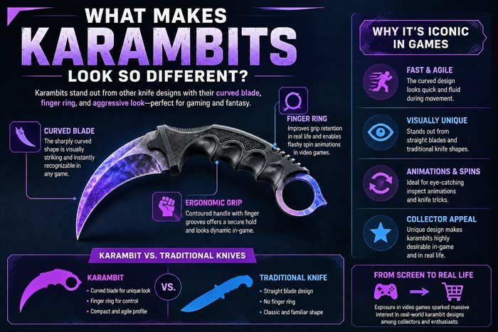 Infographic explaining the unique curved blade and finger ring design that made karambit knives popular in video games