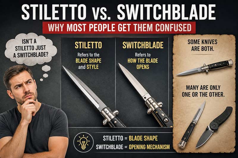 Comparison of a stiletto knife and a switchblade showing their key differences