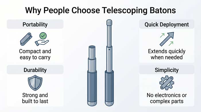 Infographic showing benefits of telescoping batons including portability durability and ease of use