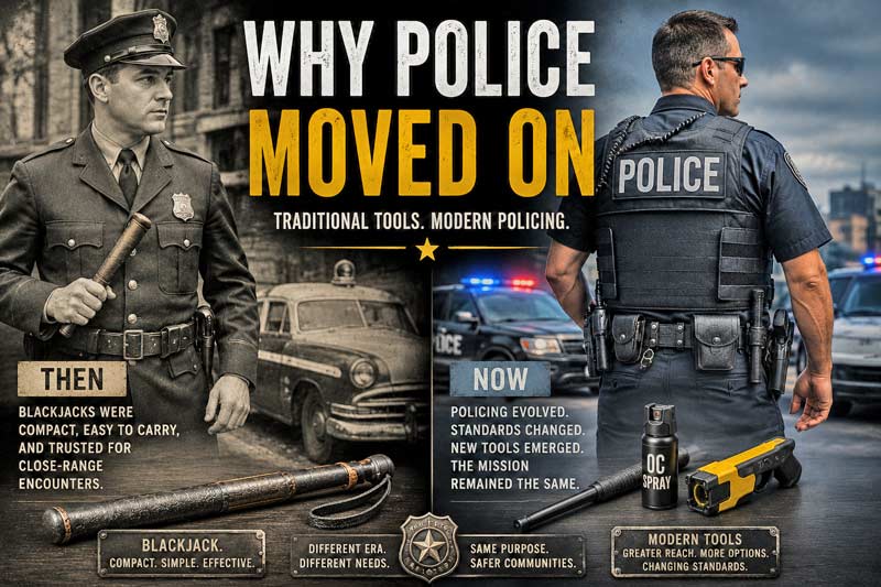 Vintage police blackjack compared to modern police gear infographic
