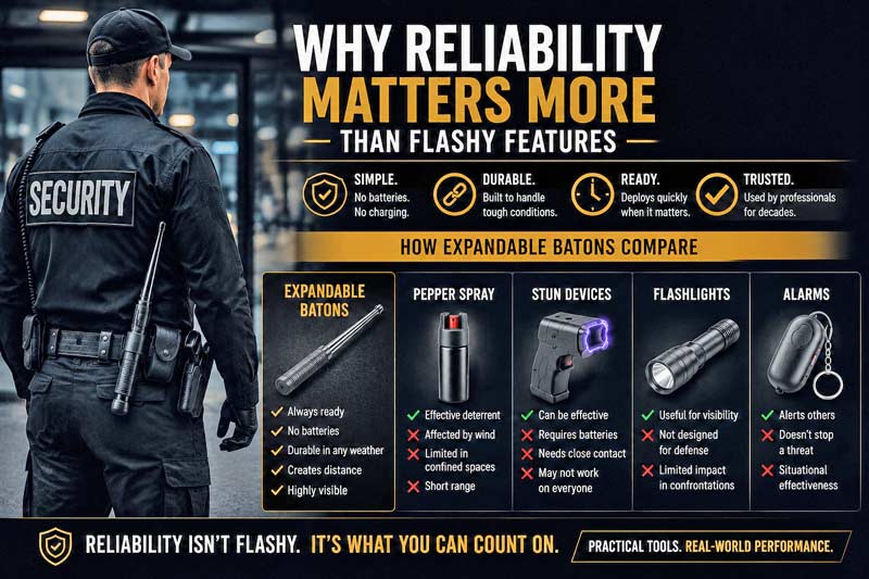 Expandable baton reliability and security equipment infographic