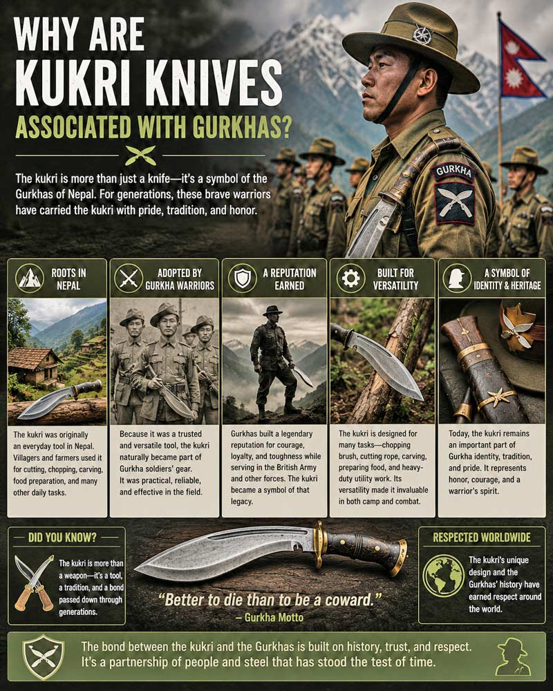 Infographic explaining why kukri knives are associated with Gurkhas, showing Nepalese soldiers, kukri history, military heritage, outdoor utility, and the cultural significance of the curved blade in Nepalese tradition