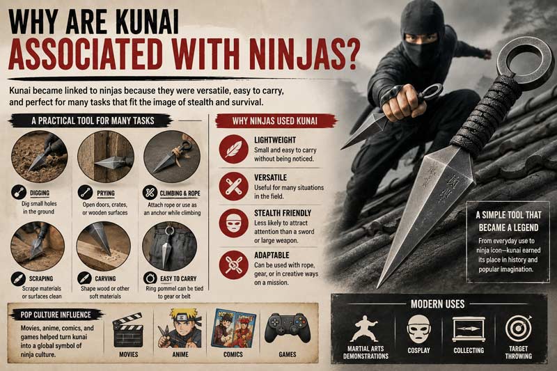 Infographic explaining why kunai became associated with ninjas, including practical uses, stealth advantages, and pop culture influence