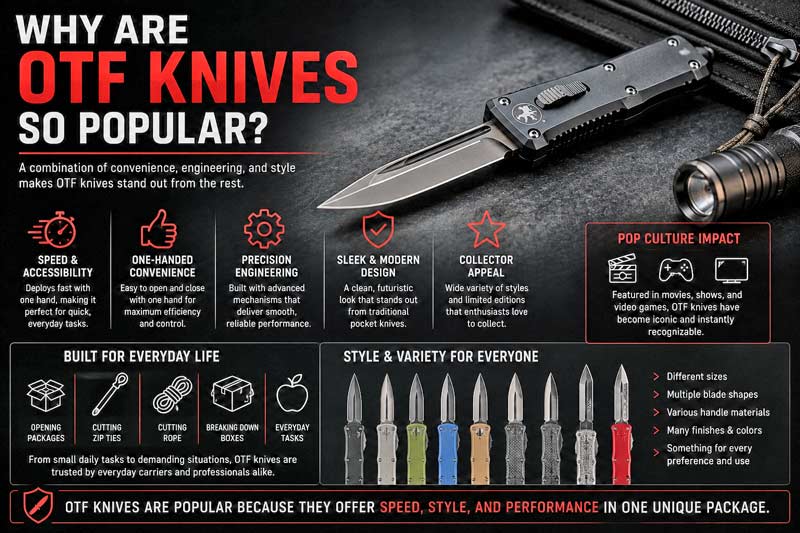Infographic explaining why OTF knives are popular, featuring a deployed knife, EDC gear, and icons for speed, convenience, and design benefits