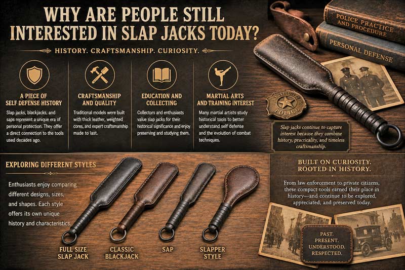 Infographic explaining why people still collect and study slap jacks, featuring leather slap jacks, blackjacks, and historical self defense themes