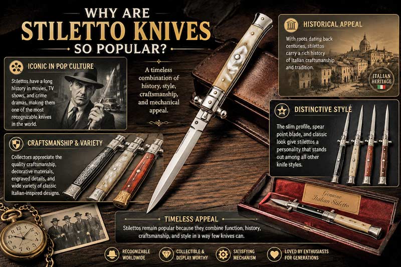 Infographic explaining why stiletto knives are so popular, showing classic Italian-style stilettos, historical roots, craftsmanship, pop culture influence, collector appeal, and timeless design on a vintage-inspired background