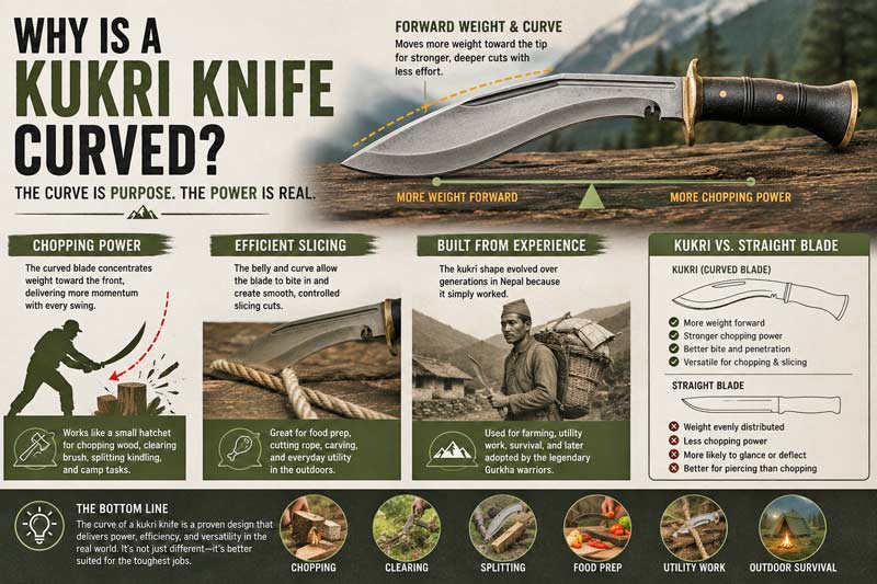 Infographic explaining why kukri knives are curved, showing forward blade weight, chopping power, slicing ability, and a comparison between curved and straight blade designs outdoors