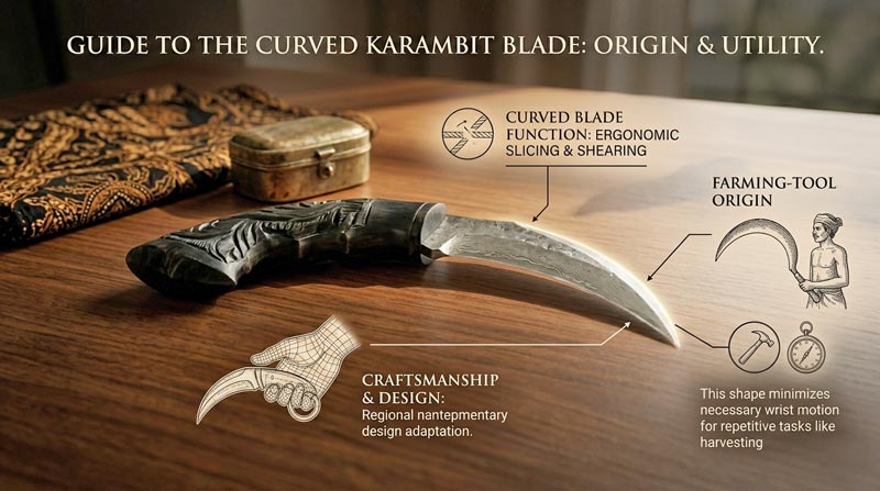 Infographic explaining why karambit knives have curved blades, featuring a curved karambit design, historical Southeast Asian influences, and educational callouts about blade shape and function
