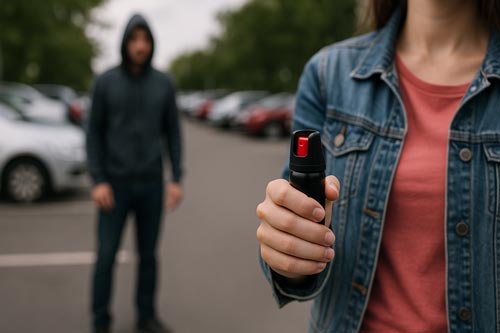 Woman holding pepper spray in a parking lot with a person in the background.