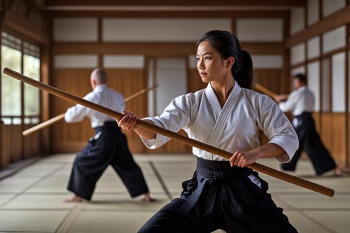 Female martial artist practicing bo staff in a traditional dojo with two partners training in the background.