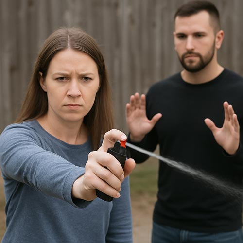 Woman practicing with pepper spray while a man observes behind her.
