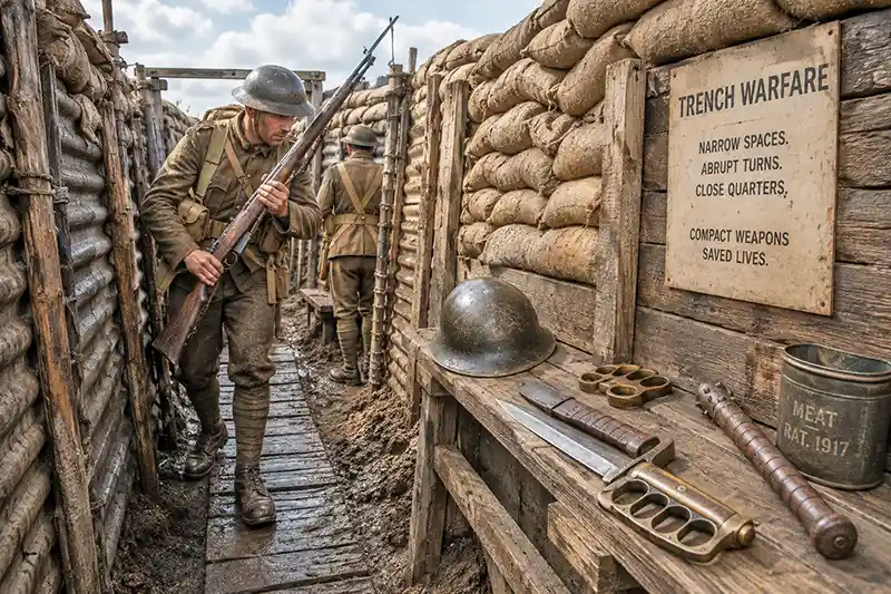 World War I soldiers navigating a narrow trench with compact close-combat weapons nearby