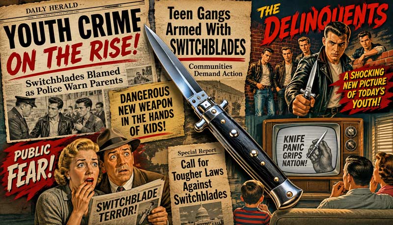 Vintage newspaper collage showing media-driven switchblade panic in 1950s America.