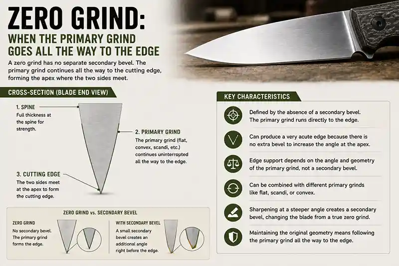 Zero knife grind showing the primary bevel extending directly to the cutting edge