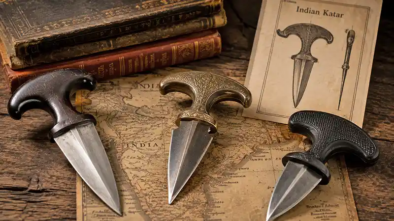 Antique push daggers displayed beside a historical map of India and an illustration of an Indian katar.